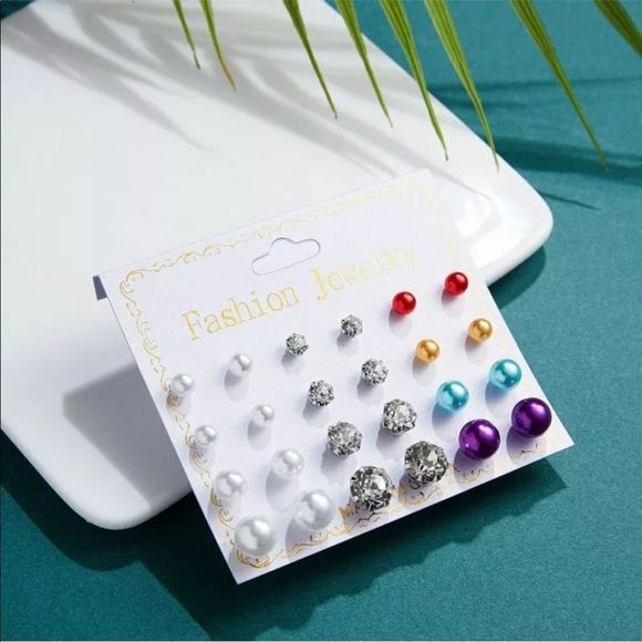 12 Pairs Of Zirconia Crystal Pearl Earrings Set - Picture 2 of 6